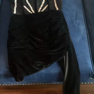 Sexy Diamonds See Through Top Asymmetrical Pleated Black Dress With Train